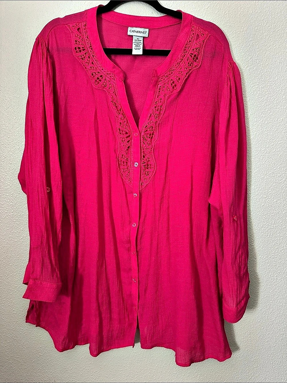 Catherines Long Sleeves Open Front buttons 34 inches long Tunic in Deep Pink